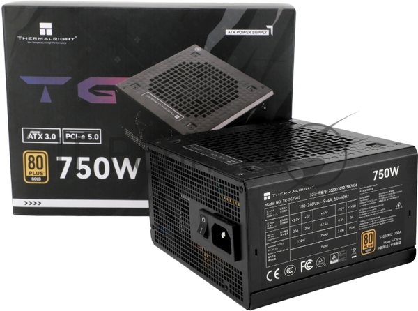 Блок питания Thermalright, 750W 80+ Gold (ATX, 3.0, PCIe 5.0, Non-modular, 1x24(20+4)pin, 1xCPU 8(4+4)pin, 2xPCIe*2 8(6+2)pin, 5xSATA3, 1x12+4pin (12VHPWR PCIe 5.0 12+4pin 600mm), 3xMOLEX4pin, Active, 120x120мм, 150x140x86mm, APFC, black)