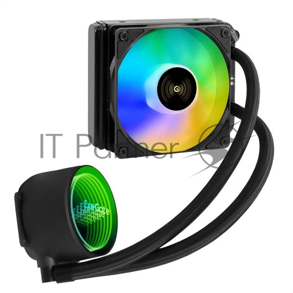 Комплект жидкостного охлаждения ExeGate BlackWater-120V3.PWM.ARGb (3 PIN 5V ADDRESSABLE RGb подсветка, LGA2066/2011/1366/1150/1151/1155/1156/1200/1700/1851/AM4/AM5/FM1/FM2/FM2+/AM2/AM2+/AM3/AM3+, TDP 150W, Fan 120мм 4pin PWM 600-1800RPM Hydro bearing, помпа 3pin 2700RPM, макс. шум 37db, с термопасто