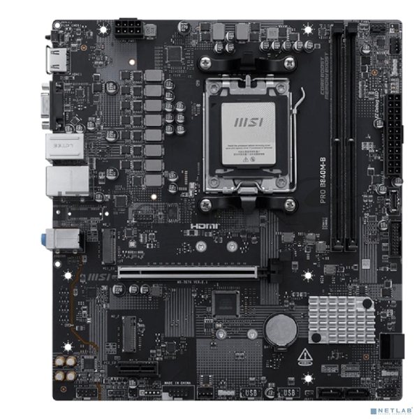 Материнская плата MSI PRO B840M-B, AM5, AMD B840, 2xDDR5, 4xSATA, 2xM.2, 1xPCIe 4.0 x16, 1xPCIe 3.0 x1, 1xHDMI, 1xVGA, 1x2.5Gb LAN, 4xUSB-A 5Gbps, 2xUSB-A 2.0, 3x3.5 мм, 7.1, mATX