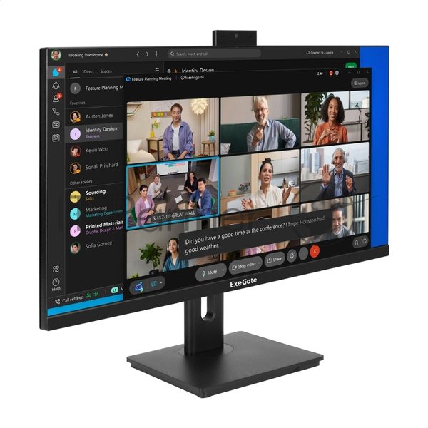 Монитор 27" ExeGate SuperView EA2707CA IPS 2560x1440, 75 Гц, 5 мс, 16:9, 250 кд/м², HDMI 2.0, DP, 3.5 Jack, USB Hub, динамики (2x2 Вт), веб-камера (2 Мп), FreeSync, черный