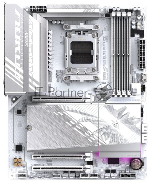 Материнская плата Gigabyte B850 AORUS ELITE WIFI7 ICE rev. 1.1, AM5, AMD B850, 4xDDR5, 4xSATA, 3xM.2, 1xPCIe 5.0 x16, 2xPCIe 3.0 x16, 1xDP, 1x2.5Gb LAN, Wi-Fi 7, Bluetooth 5.4, 1xUSB-C 10Gbps, 2xUSB-A 10Gbps, 5xUSB-A 5Gbps, 4xUSB-A 2.0, 3x3.5 мм + S/PDIF оптический, 7.1, ATX