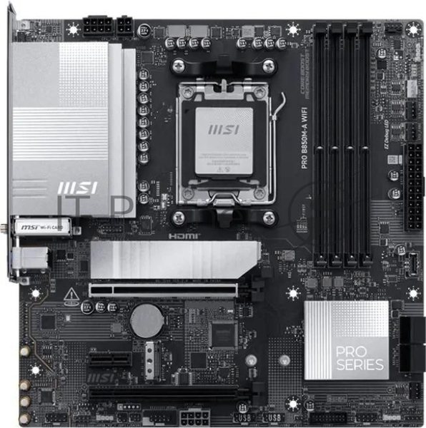 Материнская плата MSI PRO B850M-A WIFI, AM5, AMD B850, 4xDDR5, 4xSATA, 2xM.2, 1xPCIe 5.0 x16, 1xPCIe 4.0 x4, 1xPCIe 3.0 x1, 1xHDMI (v2.1), 1xDP (v1.4), 1x5Gb LAN, Wi-Fi 7, Bluetooth 5.4, 2xUSB-C 10Gbps, 3xUSB-A 10Gbps, 3xUSB-A 5Gbps, 2x3.5 мм, 7.1, mATX