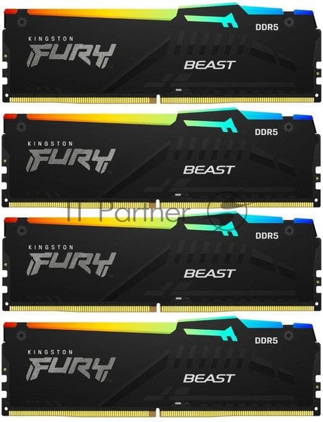 Оперативная память Kingston Fury Beast RGB, DDR5, 64Gb (4x16 GB), 6000 MHz, CL40, радиатор, RGB, черный