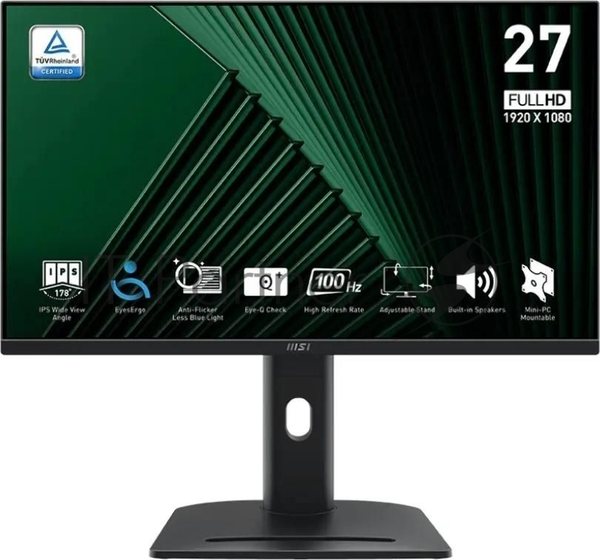 Монитор 27" MSI Pro MP275PG IPS 1920x1080, 100 Гц, 4 мс, 16:9, 300 кд/м², HDMI 1.4b, DP 1.2a, VGA, 3.5 мм, (2x2 Вт), Tilt, Swivel, Height, Pivot, черный