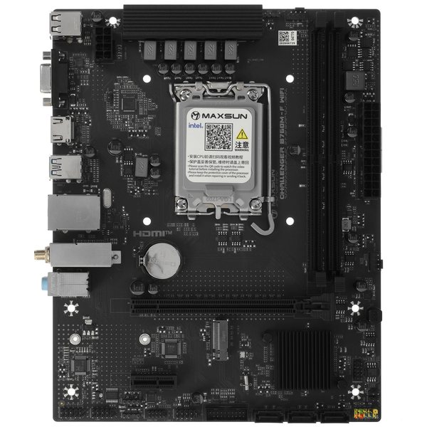 Материнская плата Maxsun Challenger B760M-F WiFi, LGA1700, Intel B760, 2xDDR4, 3xSATA, 2xM.2, 1xPCIe 4.0 x16, HDMI, D-Sub, 1x1Gb LAN, Wi-Fi, Bluetooth, 5.1, microATX