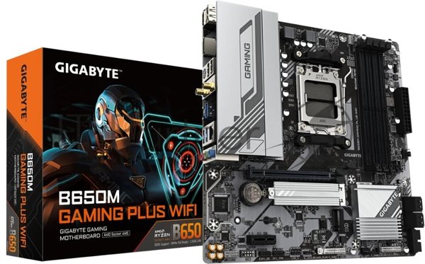 Материнская плата Gigabyte B650M GAMING PLUS WIFI, AM5, AMD B650, 4xDDR5, 4xSATA, 2xM.2, 1xPCIe 4.0 x16, 1xPCIe x1, 1xHDMI, 2xDP, 1x2.5Gb LAN, Wi-Fi 6E, Bluetooth 5.3, 1xUSB-C 5Gbps, 3xUSB-A 5Gbps, 2xUSB-A 2.0, 1xPS/2, 3x3.5 мм, 7.1, mATX