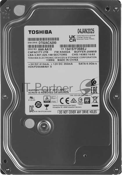 Жесткий диск Toshiba Surveillance HDD 3.5" SATA 2Tb, 5400rpm, 128MB buffer, 512e, SMR, DT02ABA200V, 1 year
