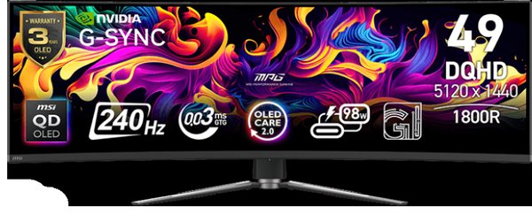 Монитор 49" MSI MPG 491CQPX QD-OLED 5120x1440, 240 Гц, 0.03 мс, 32:9, 250 кд/м², HDMI 2.1, DP 1.4a, 3.5 Jack, USB-C (98 Вт), USB Hub (2x USB 2.0), Adaptive-Sync, изогнутый экран, черный