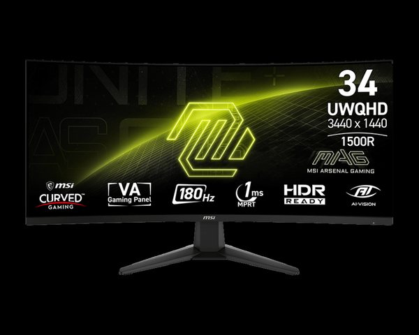 Монитор 34" MSI MAG 346CQ VA 3440x1440, 180 Гц, 1 мс, 21:9, 300 кд/м², 2xHDMI 2.0b, DP 1.4a, USB-C, 3.5 Jack, HDR Ready, Adaptive-Sync, изогнутый экран (1500R), черный