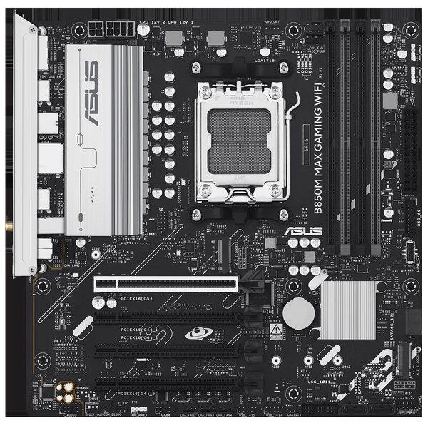 Материнская плата ASUS B850M MAX GAMING WIFI, AM5, AMD B850, 4xDDR5, 4xSATA, 3xM.2, 1xPCIe 5.0 x16, 1xPCIe 4.0 x4, 1xPCIe 3.0 x1, 1xDP, 1xHDMI, 1x1Gb LAN, Wi-Fi 6, Bluetooth 5.4, 1xUSB-C 10Gbps, 2xUSB-A 10Gbps, 2xUSB-A 5Gbps, 5xUSB-A 2.0, 3x3.5 мм, 7.1, mATX