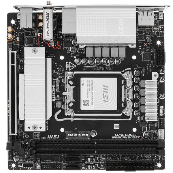 Материнская плата MSI PRO H810I WIFI, LGA1851, Intel H810, 2xDDR5, 2xSATA, 1xM.2, 1xPCIe 5.0 x16, DisplayPort, HDMI, 1x2.5Gb LAN, USB Type-C, 3x3.5 мм, 7.1, mini-ITX