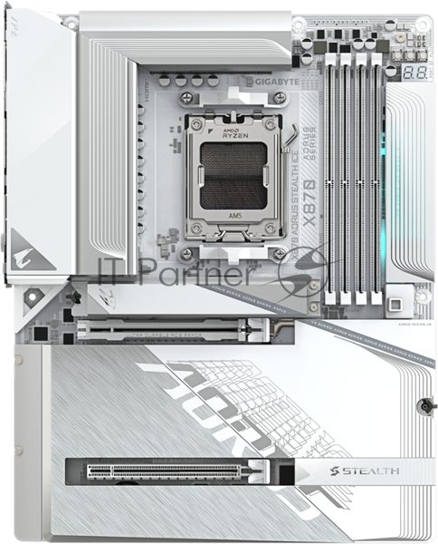 Материнская плата Gigabyte X870 AORUS STEALTH ICE, AM5, AMD X870, 4xDDR5, 2xSATA, 4xM.2, 1xPCIe 5.0 x16, 1xPCIe 4.0 x16, 1xHDMI, 1x5Gb LAN, Wi-Fi 7, Bluetooth 5.4, 2xUSB-C 40Gbps (USB4), 1xUSB-C 10Gbps, 4xUSB-A 10Gbps, 4xUSB-A 5Gbps, 4xUSB-A 2.0, 3x3.5 мм + S/PDIF оптический, 7.1, ATX