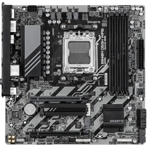 Материнская плата Gigabyte B840M DS3H WIFI6, AM5, AMD B840, 4xDDR5, 4xSATA, 2xM.2, 1xPCIe 4.0 x16, 1xPCIe 3.0 x4, 1xHDMI, 2xDP, 1x2.5Gb LAN, Wi-Fi 6, Bluetooth 5.3, 1xUSB-C 5Gbps, 2xUSB-A 5Gbps, 4xUSB-A 2.0, 3x3.5 мм, 7.1, mATX