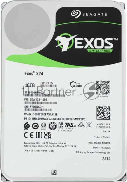 Жесткий диск Seagate Exos X24 HDD 3.5" SATA 12Tb, 7200 rpm, 512Mb buffer, 512e/4kn, CMR, ST12000NM000J, 1 year