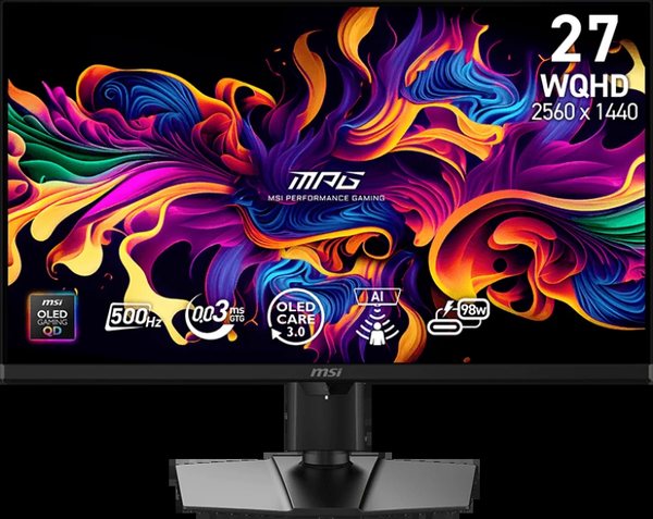 Монитор 26.5" MSI MPG 271QR QD-OLED X50 QD-OLED 2560x1440, 500 Гц, 0.03 мс, 16:9, 300 кд/м² (пиковая 1000 кд/м²), HDMI 2.1, DP, USB-C (98 Вт), USB Hub (2x USB 3.2), 3.5 Jack, HDR10, DisplayHDR 500 True Black, G-Sync Compatible, Adaptive-Sync, динамики, черный