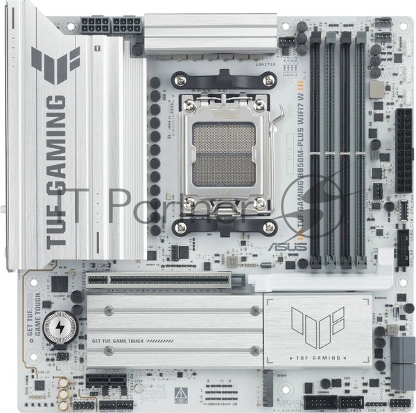 Материнская плата Asus TUF GAMING B850M-PLUS WIFI7 W, AM5, AMD B850, 4xDDR5, 4xSATA, 3xM.2, 1xPCIe 5.0 x16, 1xPCIe 3.0 x1, 1xDP, 1xHDMI, 1x2.5Gb LAN, Wi-Fi 7, Bluetooth 5.4, 1xUSB-C 20Gbps, 3xUSB-A 10Gbps, 4xUSB-A 5Gbps, 4xUSB-A 2.0, 5x3.5 мм, 7.1, mATX