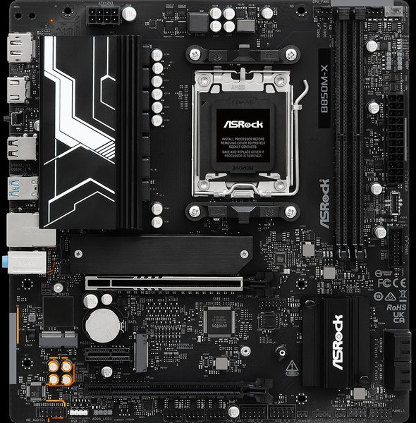 Материнская плата ASROCK B850M-X R2.0, AM5, AMD B850, 2xDDR5, 4xSATA, 2xM.2, 1xPCIe 5.0 x16, 1xPCIe 4.0 x4, 1xPCIe 3.0 x1, 1xDP, 1xHDMI, 1x2.5Gb LAN, 1xUSB-C 5Gbps, 3xUSB-A 5Gbps, 2xUSB-A 2.0, 3x3.5 мм, 7.1, mATX
