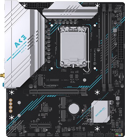 Материнская плата Maxsun MS-B760M GAMING WIFI ACE II, LGA1700, Intel B760, 2xDDR5, 2xSATA, 3xM.2, 1xPCIe 4.0 x16, 1xPCIe 4.0 x4, 2xHDMI, 1xDP, 1x2.5Gb LAN, Wi-Fi 6, Bluetooth 5.2, 1xUSB-C 10Gbps, 2xUSB-A 5Gbps, 2xUSB-A 2.0, 3x3.5 мм, 7.1, mATX