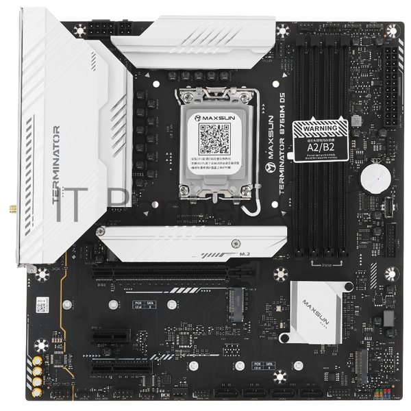 Материнская плата MAXSUN MS-Terminator B760M D5 WIFI 6E, LGA1700, Intel B760, 4xDDR5, 4xSATA, 3xM.2, 1xPCIe 5.0 x16, 1xPCIe 4.0 x4, 1xPCIe 3.0 x1, 1xHDMI, 1xDP, 1x2.5Gb LAN, Wi-Fi 6E, Bluetooth 5.3, 2xUSB-A 10Gbps, 6xUSB-A 2.0, 3x3.5 мм, 5.1, mATX