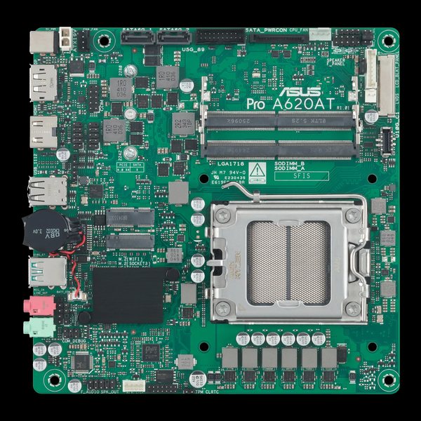 Материнская плата ASUS PRO A620AT-CSM, AM5, AMD A620A, 2xDDR5, 2xSATA, 1xM.2, 1xPCIe 4.0 x16, 1xHDMI, 1xDP, 1x1Gb LAN, 2xUSB-A 10Gbps, 2xUSB-A 2.0, 2x3.5 мм, 7.1, Thin Mini-ITX