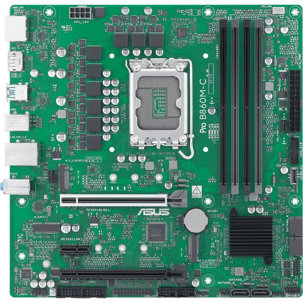 Материнская плата ASUS PRO B860M-C-CSM, LGA1851, Intel B860, 4xDDR5, 4xSATA, 2xM.2, 1xPCIe 5.0 x16, 1xPCIe 4.0 x4, 1xPCIe 3.0 x1, 1xHDMI, 2xDP, 1x1Gb LAN, 1xUSB-C 10Gbps, 1xUSB-A 10Gbps, 2xUSB-A 2.0, 3x3.5 мм, 7.1, mATX