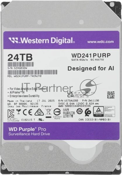 Жесткий диск HDD WD Purple Pro 24Tb 7200rpm SATA 512Mb 3.5"