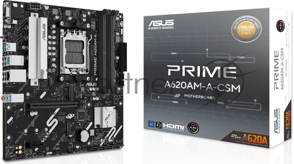 Материнская плата ASUS PRIME A620M-A-CSM, AM5, AMD A620, 4xDDR5, 4xSATA, 2xM.2, 1xPCIe 4.0 x16, 2xPCIe 3.0 x1, 1xVGA, 1xHDMI, 1xDP, 1x1Gb LAN, 2xUSB-A 5Gbps, 4xUSB-A 2.0, 3x3.5 мм, 7.1, mATX