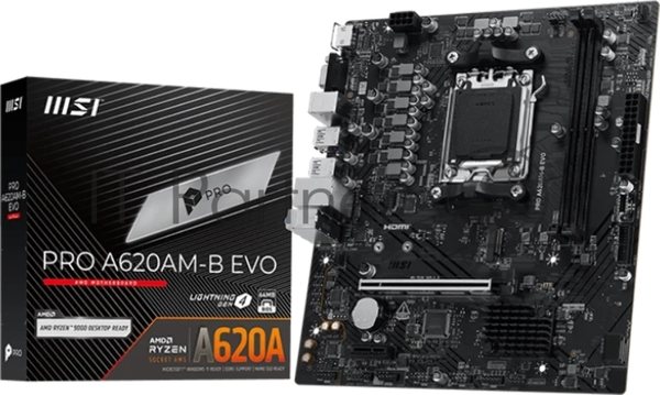 Материнская плата MSI PRO A620M-B EVO, AM5, AMD A620A, 2xDDR5, 2xSATA, 1xM.2, 1xPCIe 4.0 x16, 1xPCIe x1, 1xVGA, 1xHDMI, 1x2.5Gb LAN, 4xUSB-A 5Gbps, 2xUSB-A 2.0, 2xPS/2, 3x3.5 мм, 7.1, чёрный, mATX