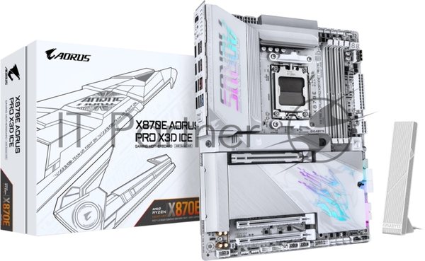 Материнская плата Gigabyte X870E AORUS PRO X3D ICE, AM5, AMD X870E, 4xDDR5, 4xSATA, 4xM.2, 1xPCIe 5.0 x16, 1xPCIe 4.0 x16, 1xPCIe 3.0 x16, 1xHDMI, 1x5Gb LAN, Wi-Fi 7, Bluetooth 5.4, 2xUSB-C 40Gbps (USB4), 2xUSB-C 10Gbps, 5xUSB-A 10Gbps, 3xUSB-A 5Gbps, 3x3.5 мм + S/PDIF оптический, 7.1, белый, ATX