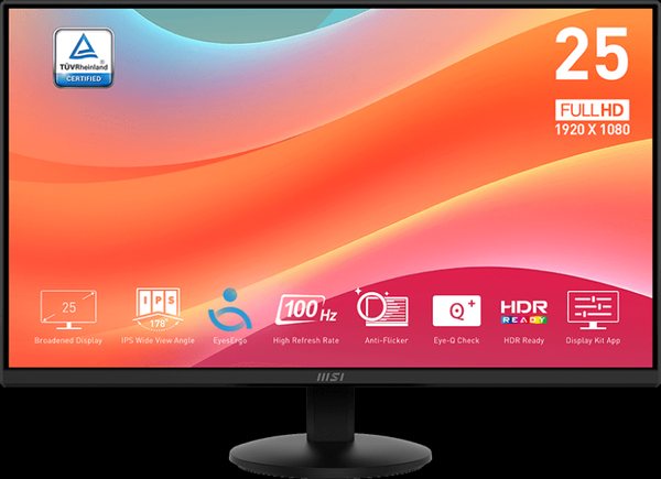 Монитор 24.5" MSI Pro MP252L IPS 1920x1080, 100 Гц, 1 мс, 16:9, 250 кд/м², HDMI 1.4b, DP 1.2, 3.5 Jack, Adaptive-Sync, черный