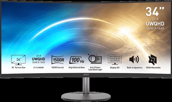 Монитор 34" MSI PRO MP341CQ VA 3440x1440, 100 Гц, 1 мс, 21:9, 300 кд/м², 2xHDMI 2.0b, DP 1.2a, 3.5 Jack, динамики (2x2 Вт), изогнутый экран (1500R), FreeSync, черный