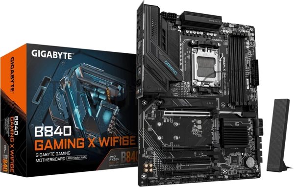 Материнская плата Gigabyte B840 GAMING X WIFI6E, AM5, AMD B840, 4xDDR5, 4xSATA, 3xM.2, 1xPCIe 4.0 x16, 3xPCIe 3.0 x16, 1xHDMI, 1xDP, 1x2.5Gb LAN, Wi-Fi 6E, Bluetooth 5.3, 1xUSB-C 10Gbps, 1xUSB-A 10Gbps, 2xUSB-A 5Gbps, 4xUSB-A 2.0, 3x3.5 мм, 7.1, ATX