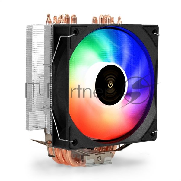 Кулер ExeGate Wizard EXX600-PWM.FRGb (Al+Cu, 6 тепл.трубки, LGA775/1150/1151/1155/1156/1200/1700/1851/AM2/AM2+/AM3/AM3+/AM4/AM5/FM1/FM2/754/939/940, TDP 180W, Fan 120мм PWM, 800-2400RPM, Hydro bearing, 4pin, 11-24db, 540г, FRGb подсветка, с термопастой, на защелках, Color Box)