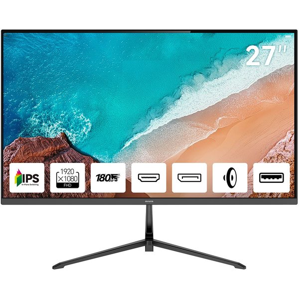 Монитор 27" Aiwa MD2712 IPS 1920x1080, 180 Гц, 1 мс, 16:9, 300 кд/м², 2xHDMI 2.0, DP 1.2, 3.5 Jack, USB Hub (1x USB), динамики (2x2 Вт), HDR10, FreeSync, G-Sync, черный