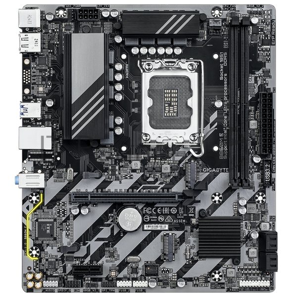 Материнская плата Gigabyte B860M-E, LGA 1851, Intel B860, 2xDDR5, 4xSATA, 2xM.2, 1xPCIe 4.0 x16, 1xPCIe x1, 1xHDMI, 1xDP, 1x1Gb LAN, 4xUSB-A 5Gbps, 2xUSB-A 2.0, 1xPS/2, 3x3.5 мм, 7.1, mATX