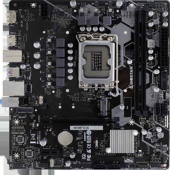 Материнская плата BIOSTAR H610MT-E D5, LGA1700, Intel H610, 2xDDR5, 4xSATA, 1xM.2, 1xPCIe 4.0 x16, 1xPCIe x1, 1xHDMI, 1xDP, 1x1Gb LAN, 4xUSB 2.0, 1xUSB 3.2 Gen 1, 3x3.5 мм, 7.1, micro-ATX
