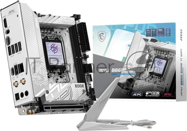 Материнская плата MSI MPG B860I EDGE TI WIFI, LGA 1851, Intel B860, 2xDDR5 (до 128 ГБ), 2xSATA, 2xM.2 (1xPCIe 5.0, 1xPCIe 4.0/SATA), 1xPCIe 5.0 x16, 1xHDMI, 1x5Gb LAN, Wi-Fi 7, Bluetooth 5.4, 1xUSB-C 40Gbps (Thunderbolt 4), 1xUSB-C 10Gbps, 1xUSB-A 10Gbps, 4xUSB-A 5Gbps, 2xUSB-A 2.0, 3x3.5 мм + S/PDI