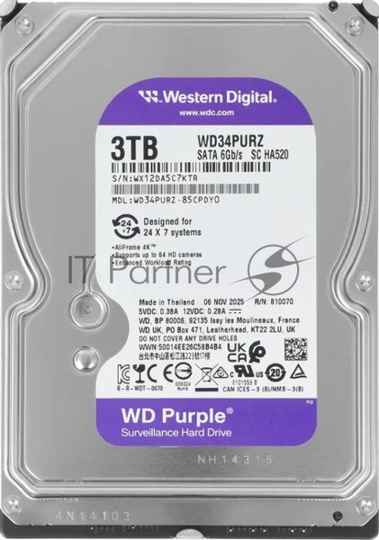 Жесткий диск HDD WD Purple 3Tb 5400rpm SATA 128Mb 3.5"