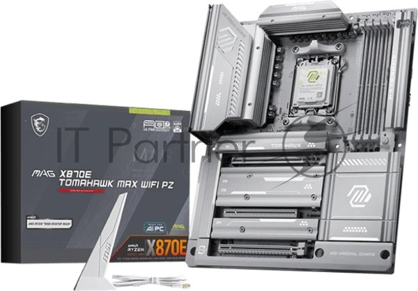 Материнская плата MSI MAG X870E TOMAHAWK MAX WIFI PZ, AM5, AMD X870E, 4xDDR5 (до 256 ГБ), 4xSATA, 4xM.2 (2xPCIe 5.0, 2xPCIe 4.0), 1xPCIe 5.0 x16, 1xPCIe 4.0 x16, 1xPCIe 3.0 x16, 1xHDMI, 1x5Gb LAN, Wi-Fi 7, Bluetooth 5.4, 2xUSB-C 40Gbps (USB4), 1xUSB-C 10Gbps, 2xUSB-A 10Gbps, 3xUSB-A 5Gbps, 4xUSB-A 2