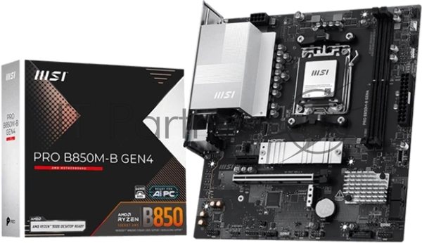 Материнская плата MSI PRO B850M-B GEN4, AM5, AMD B850, 2xDDR5 (до 128 ГБ), 4xSATA, 2xM.2 (1xPCIe 5.0, 1xPCIe 4.0), 1xPCIe 4.0 x16, 1xPCIe x1, 1xHDMI, 1xDP, 1x2.5Gb LAN, 1xUSB-C 5Gbps, 3xUSB-A 5Gbps, 2xUSB-A 2.0, 3x3.5 мм, 7.1, чёрный/серебристый, mATX