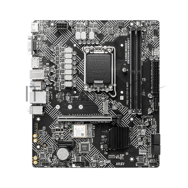 Материнская плата MSI PRO H610M-G WIFI, LGA 1700, Intel H610, 2xDDR4 (до 64 ГБ), 4xSATA, 1xM.2 (PCIe 3.0 x4), 1xPCIe 4.0 x16, 2xPCIe x1, 1xVGA, 1xHDMI, 1xDP, 1x1Gb LAN, Wi-Fi 5, Bluetooth 4.2, 4xUSB-A 5Gbps, 2xUSB-A 2.0, 1xPS/2, 3x3.5 мм, 7.1, чёрный, mATX