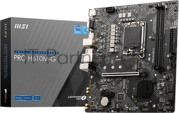 Материнская плата MSI PRO H610M-G OEM LGA 1700, Intel H610, 2xDDR5, 4xSATA, 1xM.2 (PCIe 3.0 x4), 1xPCIe 4.0 x16, 2xPCIe x1, 1xVGA, 1xHDMI, 1xDP, 1x1Gb LAN, 4xUSB-A 5Gbps, 2xUSB-A 2.0, 1xPS/2, 3x3.5 мм, 7.1, чёрный, mATX