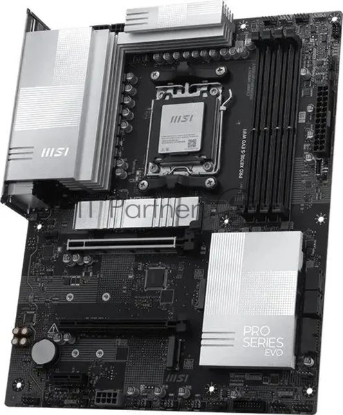 Материнская плата MSI PRO X870E-S EVO WIFI, AM5, AMD X870E, 4xDDR5 (до 256 ГБ), 4xSATA, 3xM.2 (1xPCIe 5.0, 2xPCIe 4.0), 1xPCIe 5.0 x16, 1xPCIe 4.0 x16, 1xPCIe x1, 1xHDMI, 1x5Gb LAN, Wi-Fi 7, Bluetooth 5.4, 1xUSB-C 40Gbps (USB4), 1xUSB-C 20Gbps, 2xUSB-A 10Gbps, 2xUSB-A 5Gbps, 4xUSB-A 2.0, 3x3.5 мм, 7