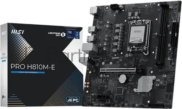 Материнская плата MSI PRO H810M-E, LGA 1851, Intel H810, 2xDDR5 (до 128 ГБ), 4xSATA, 1xM.2 (PCIe 4.0 x4), 1xPCIe 5.0 x16, 1xPCIe x1, 1xHDMI, 1xDP, 1x2.5Gb LAN, 2xUSB-A 5Gbps, 4xUSB-A 2.0, 3x3.5 мм, 7.1, чёрный, mATX