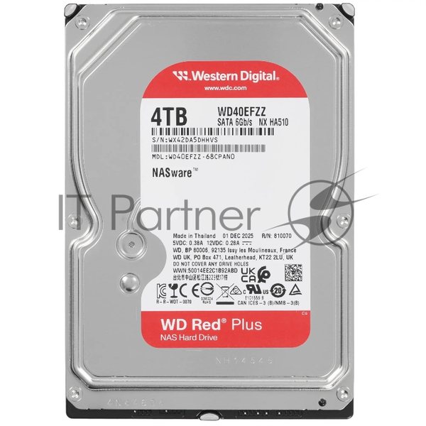 Жесткий диск HDD WD SATA3 4Tb NAS Red Plus 5400 128Mb 1 year warranty (replacement WD40EFZX, WD40EFAX)