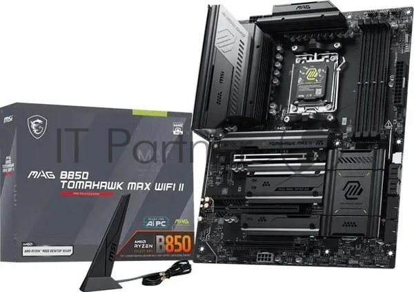 Материнская плата MSI MAG B850 TOMAHAWK MAX WIFI II, AM5, AMD B850, 4xDDR5, 4xSATA, 4xM.2, 1xPCIe 5.0 x16, 1xPCIe 4.0 x16, 1xPCIe 3.0 x16, 1xHDMI, 1xDP, 1x5Gb LAN, Wi-Fi 7, Bluetooth 5.4, 3xUSB-C 10Gbps, 2xUSB-A 10Gbps, 1xUSB-A 5Gbps, 4xUSB-A 2.0, 3x3.5 мм + S/PDIF оптический, 7.1, чёрный, ATX