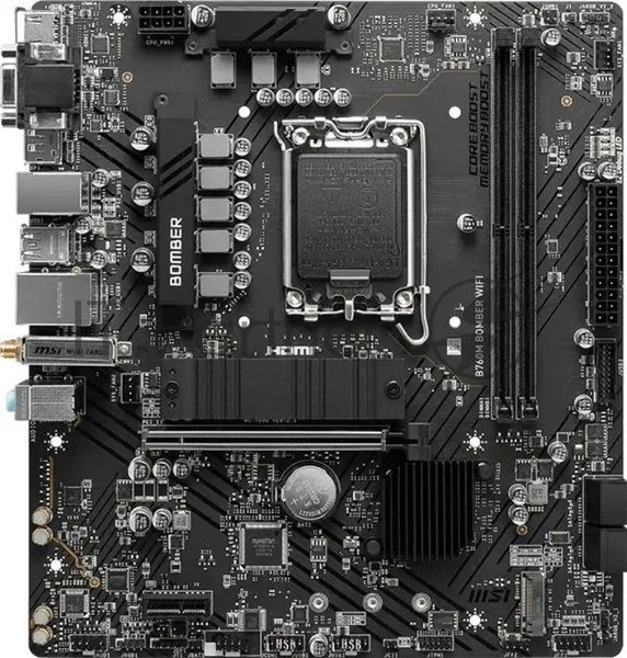 Материнская плата MSI B760M BOMBER WIFI, LGA 1700, Intel B760, 2xDDR5, 4xSATA, 2xM.2, 1xPCIe 4.0 x16, 1xPCIe x1, 1xVGA, 1xHDMI, 1xDP, 1x2.5Gb LAN, Wi-Fi 6E, Bluetooth 5.3, 4xUSB-A 5Gbps, 2xUSB-A 2.0, 1xPS/2, 3x3.5 мм, 7.1, чёрный, mATX