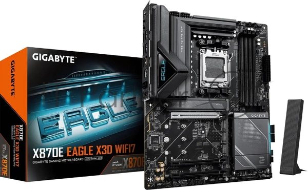 Материнская плата Gigabyte X870E EAGLE X3D WIFI7, AM5, AMD X870E, 4xDDR5, 4xSATA, 4xM.2, 1xPCIe 5.0 x16, 1xPCIe 4.0 x16, 1xPCIe 3.0 x16, 1xHDMI, 1x5Gb LAN, Wi-Fi 7, Bluetooth 5.4, 2xUSB-C 40Gbps (USB4), 1xUSB-C 10Gbps, 4xUSB-A 10Gbps, 4xUSB-A 5Gbps, 3x3.5 мм + S/PDIF оптический, 7.1, чёрный, с подсв