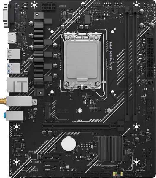 Материнская плата CBR H610M WiFi, LGA 1700, Intel H610, 2xDDR5, 3xSATA, 1xM.2, 1xPCIe 4.0 x16, 1xPCIe x1, 1xVGA, 1xHDMI, 1x1Gb LAN, Wi-Fi 6, Bluetooth 5.2, 2xUSB-A 5Gbps, 4xUSB-A 2.0, 3x3.5 мм, 7.1, mATX