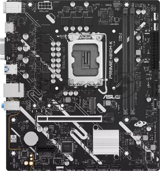 Материнская плата ASUS PRIME H810M-K, LGA 1851, Intel H810, 2xDDR5, 4xSATA, 1xM.2, 1xPCIe 4.0 x16, 1xPCIe 3.0 x1, 1xVGA, 1xHDMI, 1x1Gb LAN, 2xUSB-A 5Gbps, 4xUSB-A 2.0, 3x3.5 мм, 7.1, mATX